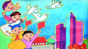 欢庆国庆节的儿童画-五十六个民族欢庆国庆