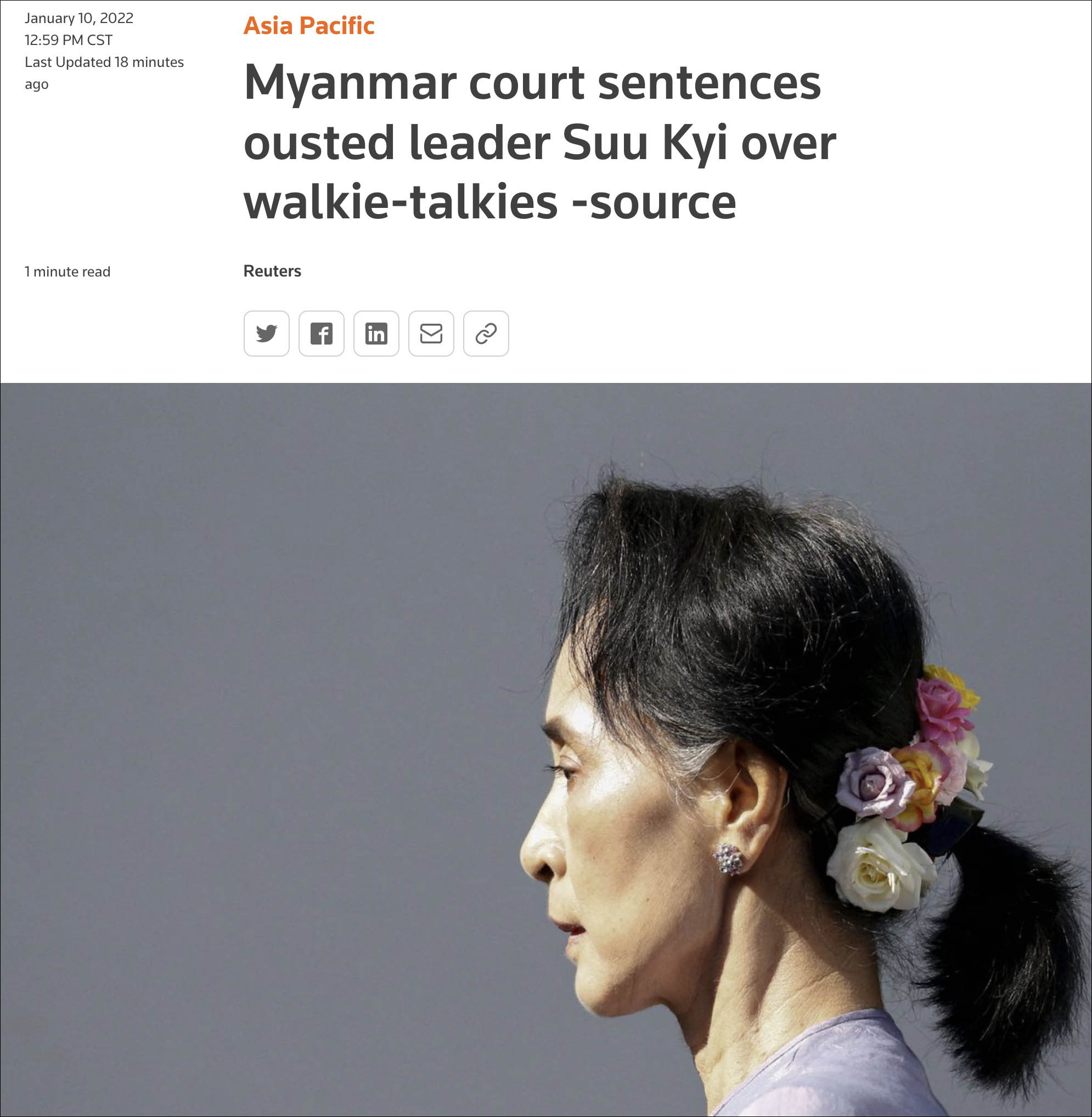 缅甸法院判处昂山素季4年监禁