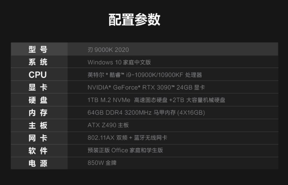 联想推出新款刃 9000K 台式机：i9+ RTX 3090，售价25999元
